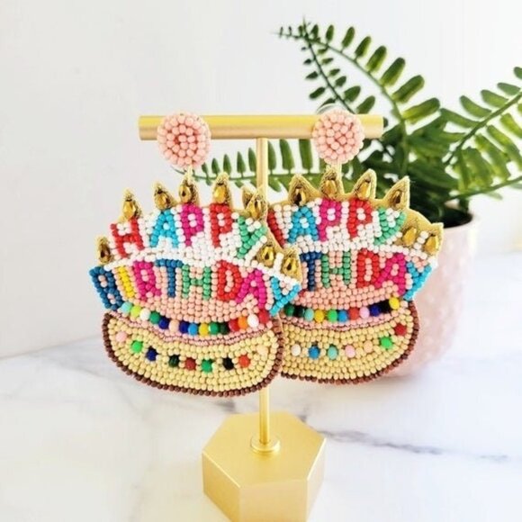 Happy Birthday Layer Cake Celebration Beaded Rhinestone Earrings - Picture 3 of 5
